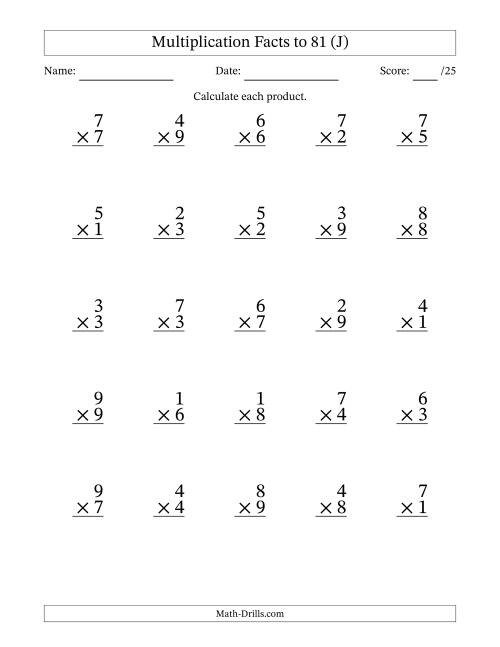 The Multiplication Facts to 81 (25 Questions) (No Zeros) (J) Math Worksheet
