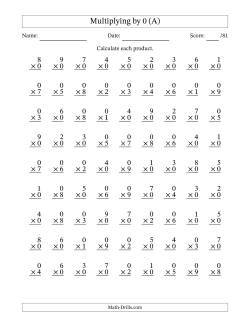 Multiplying (1 to 9) by 0 (81 Questions)