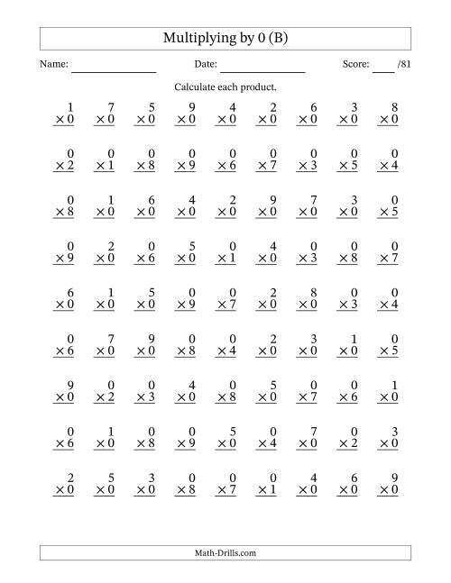 The Multiplying (1 to 9) by 0 (81 Questions) (B) Math Worksheet
