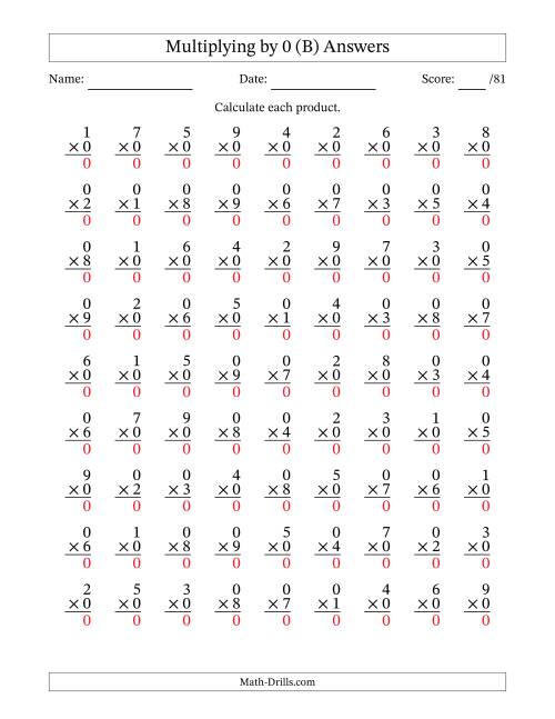 The Multiplying (1 to 9) by 0 (81 Questions) (B) Math Worksheet Page 2