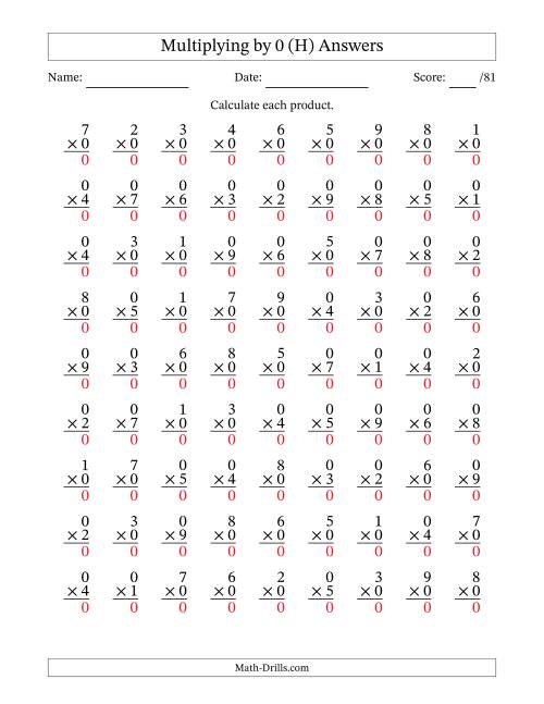 The Multiplying (1 to 9) by 0 (81 Questions) (H) Math Worksheet Page 2