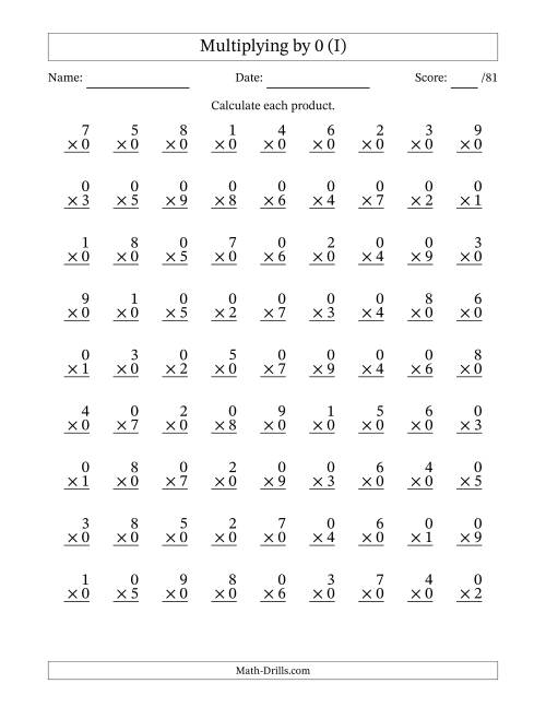 The Multiplying (1 to 9) by 0 (81 Questions) (I) Math Worksheet