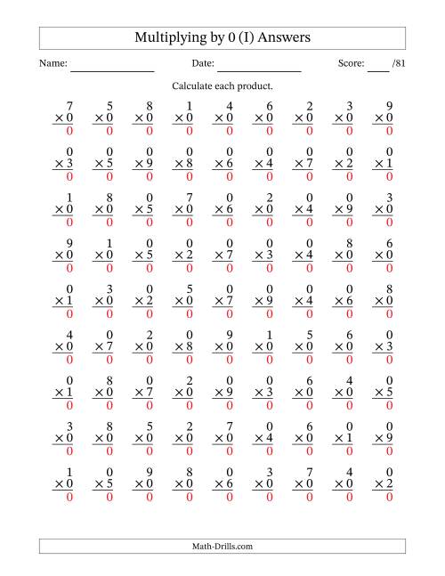 The Multiplying (1 to 9) by 0 (81 Questions) (I) Math Worksheet Page 2