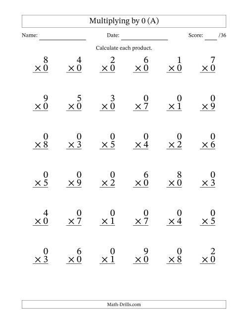 The Multiplying (1 to 9) by 0 (36 Questions) (A) Math Worksheet