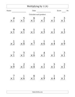Multiplying (1 to 9) by 1 (36 Questions)