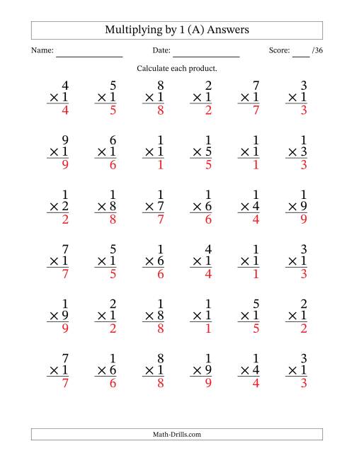 The Multiplying (1 to 9) by 1 (36 Questions) (A) Math Worksheet Page 2