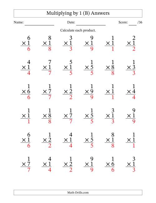 The Multiplying (1 to 9) by 1 (36 Questions) (B) Math Worksheet Page 2