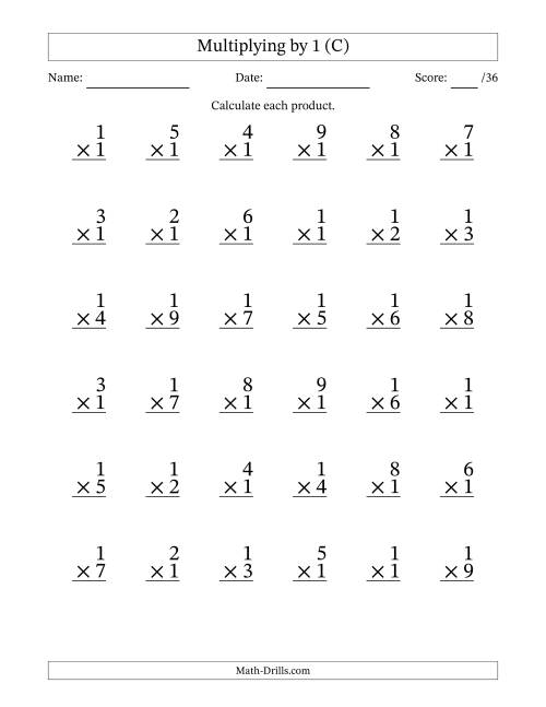 The Multiplying (1 to 9) by 1 (36 Questions) (C) Math Worksheet
