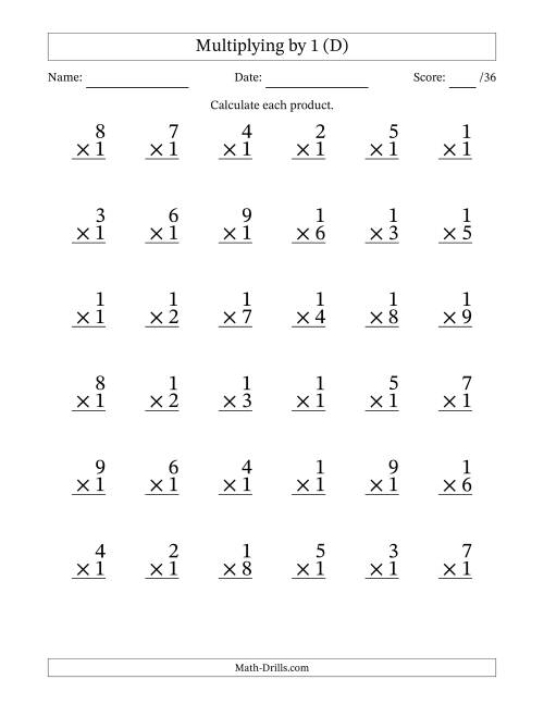 The Multiplying (1 to 9) by 1 (36 Questions) (D) Math Worksheet