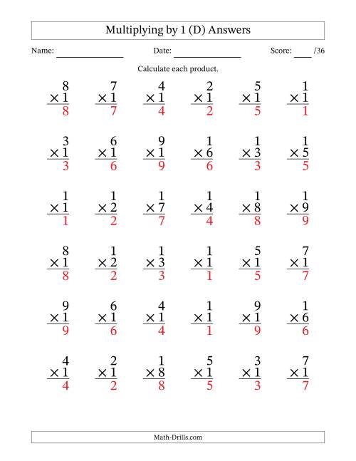 The Multiplying (1 to 9) by 1 (36 Questions) (D) Math Worksheet Page 2