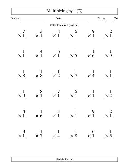 The Multiplying (1 to 9) by 1 (36 Questions) (E) Math Worksheet