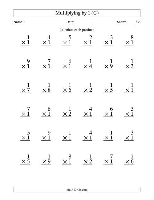 The Multiplying (1 to 9) by 1 (36 Questions) (G) Math Worksheet