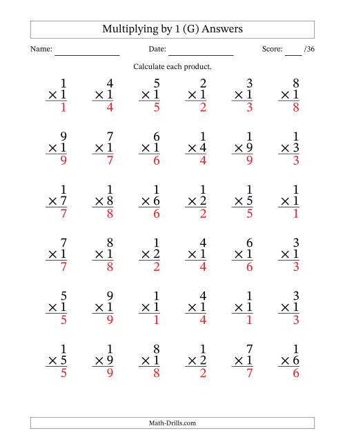 The Multiplying (1 to 9) by 1 (36 Questions) (G) Math Worksheet Page 2