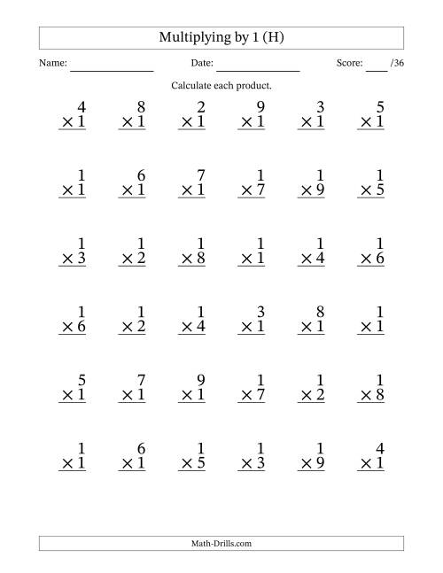 The Multiplying (1 to 9) by 1 (36 Questions) (H) Math Worksheet
