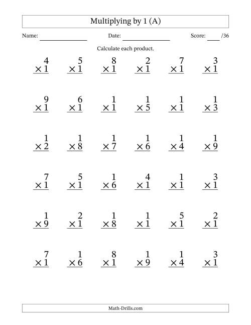 The Multiplying (1 to 9) by 1 (36 Questions) (All) Math Worksheet