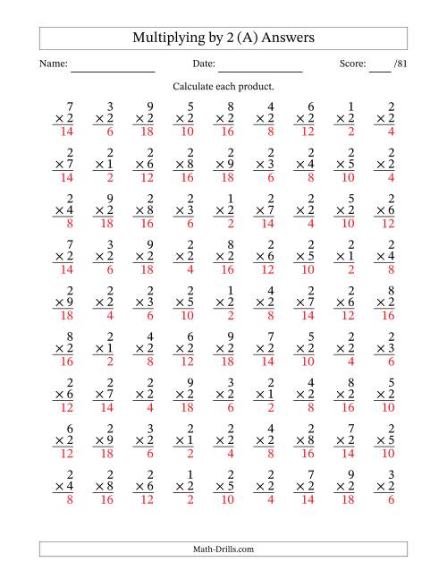 The Multiplying (1 to 9) by 2 (81 Questions) (A) Math Worksheet Page 2