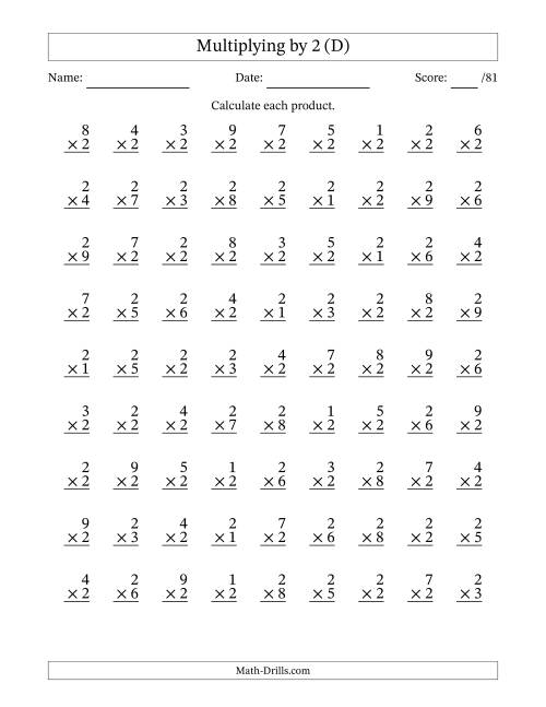The Multiplying (1 to 9) by 2 (81 Questions) (D) Math Worksheet