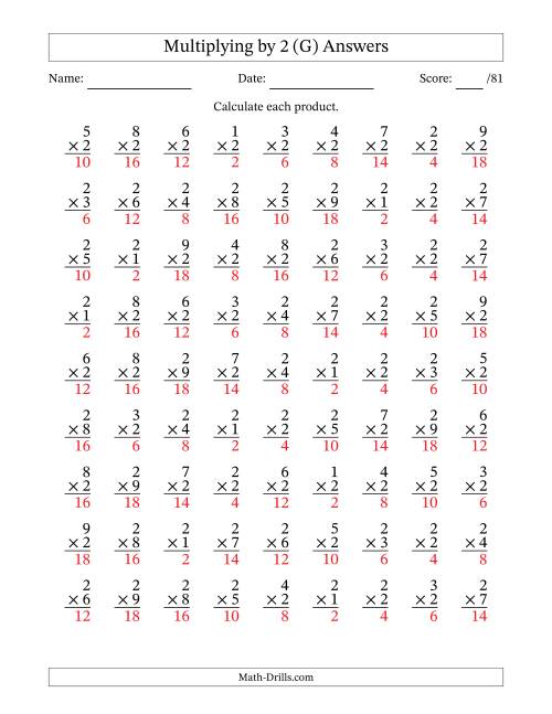 The Multiplying (1 to 9) by 2 (81 Questions) (G) Math Worksheet Page 2