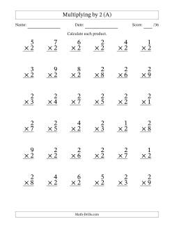 Multiplying (1 to 9) by 2 (36 Questions)