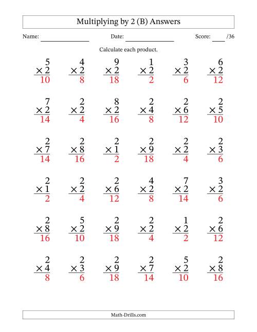 The Multiplying (1 to 9) by 2 (36 Questions) (B) Math Worksheet Page 2