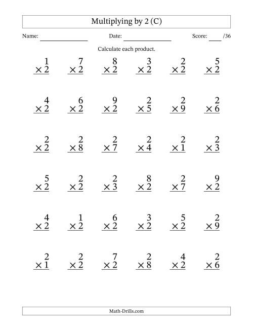 The Multiplying (1 to 9) by 2 (36 Questions) (C) Math Worksheet