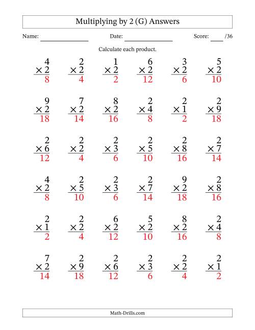 The Multiplying (1 to 9) by 2 (36 Questions) (G) Math Worksheet Page 2