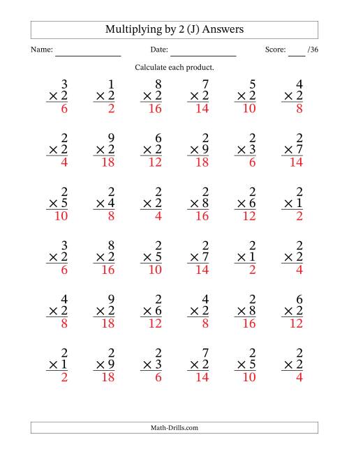 The Multiplying (1 to 9) by 2 (36 Questions) (J) Math Worksheet Page 2