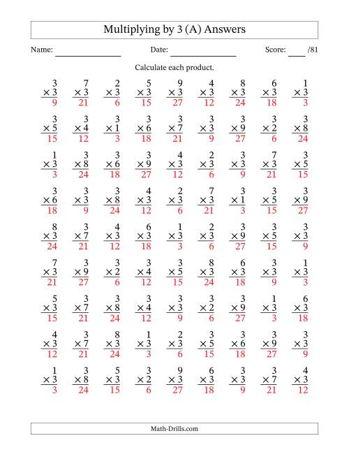The Multiplying (1 to 9) by 3 (81 Questions) (A) Math Worksheet Page 2