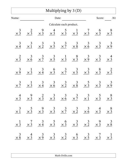 The Multiplying (1 to 9) by 3 (81 Questions) (D) Math Worksheet