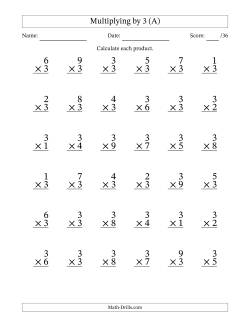 Multiplying (1 to 9) by 3 (36 Questions)