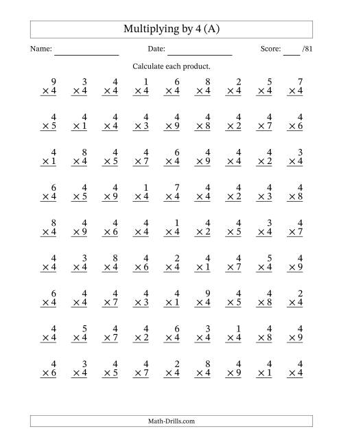The Multiplying (1 to 9) by 4 (81 Questions) (A) Math Worksheet