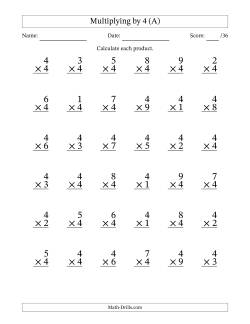 Multiplying (1 to 9) by 4 (36 Questions)