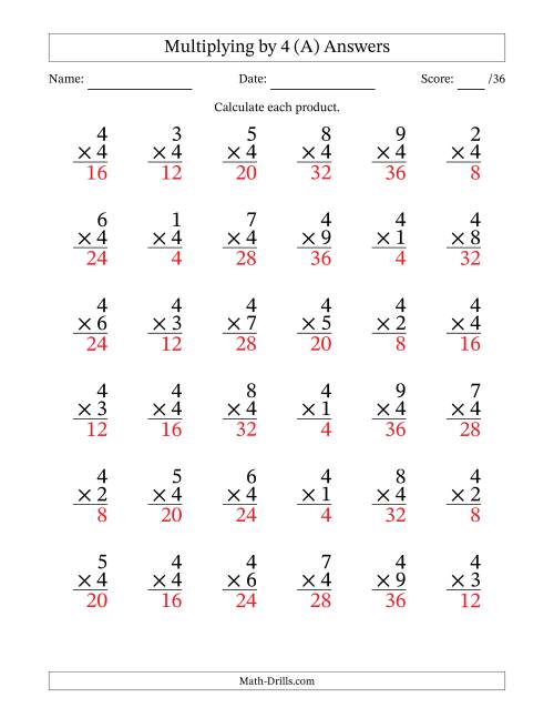 The Multiplying (1 to 9) by 4 (36 Questions) (A) Math Worksheet Page 2