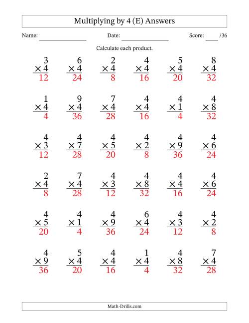The Multiplying (1 to 9) by 4 (36 Questions) (E) Math Worksheet Page 2