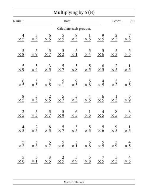 The Multiplying (1 to 9) by 5 (81 Questions) (B) Math Worksheet