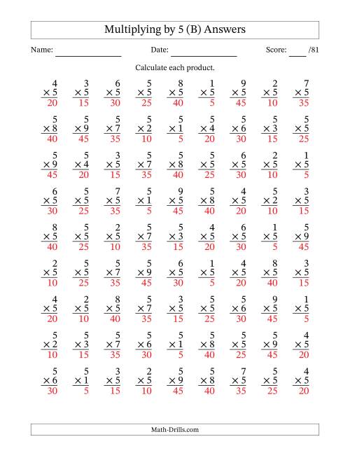 The Multiplying (1 to 9) by 5 (81 Questions) (B) Math Worksheet Page 2