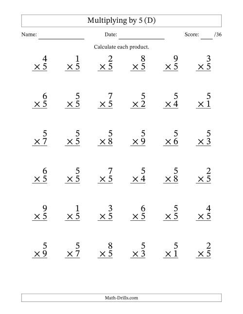 The Multiplying (1 to 9) by 5 (36 Questions) (D) Math Worksheet