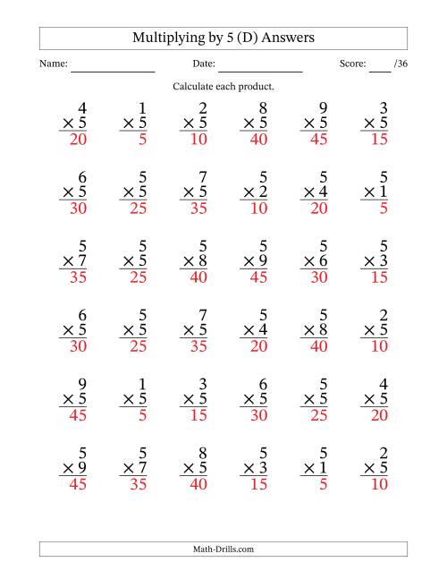 The Multiplying (1 to 9) by 5 (36 Questions) (D) Math Worksheet Page 2