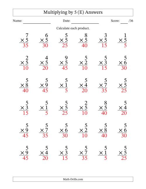 The Multiplying (1 to 9) by 5 (36 Questions) (E) Math Worksheet Page 2