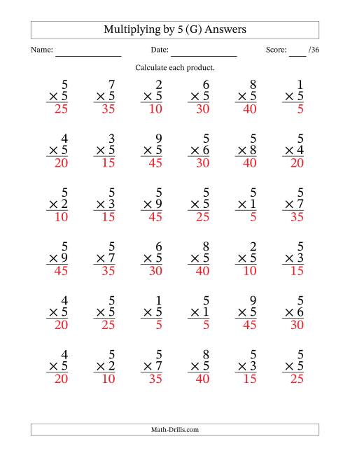 The Multiplying (1 to 9) by 5 (36 Questions) (G) Math Worksheet Page 2