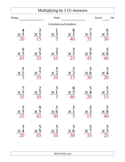 The Multiplying (1 to 9) by 5 (36 Questions) (I) Math Worksheet Page 2