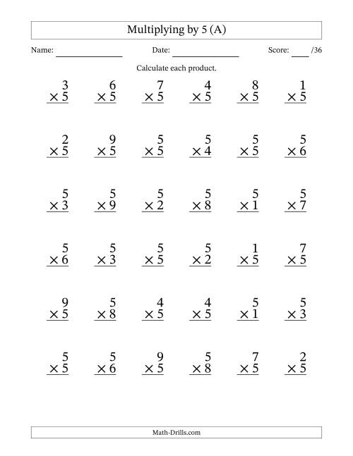 The Multiplying (1 to 9) by 5 (36 Questions) (All) Math Worksheet