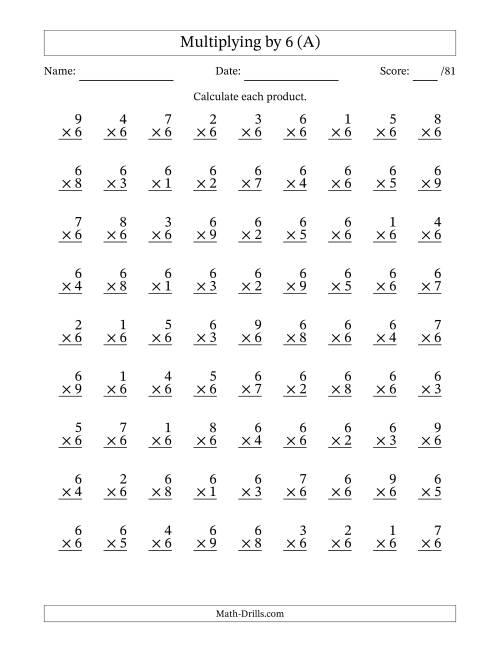 The Multiplying (1 to 9) by 6 (81 Questions) (A) Math Worksheet
