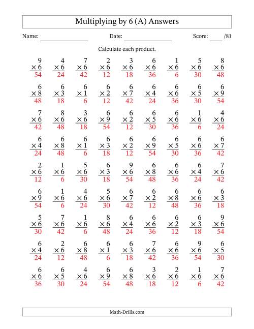 The Multiplying (1 to 9) by 6 (81 Questions) (A) Math Worksheet Page 2