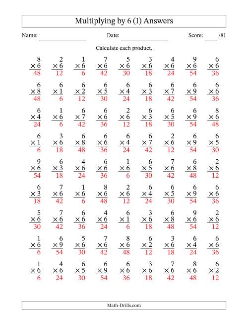 The Multiplying (1 to 9) by 6 (81 Questions) (I) Math Worksheet Page 2
