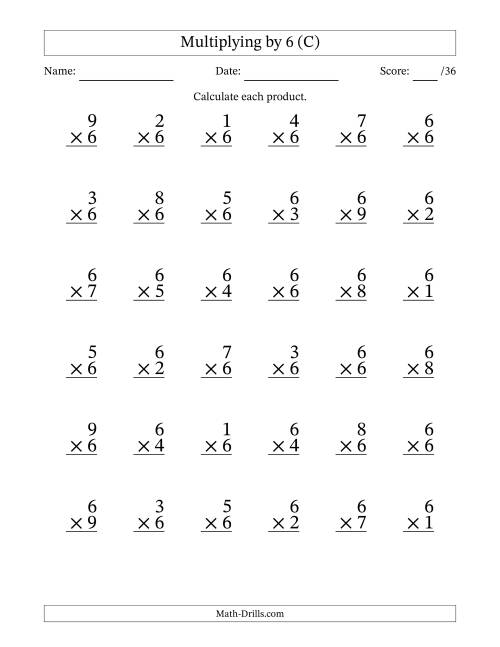 The Multiplying (1 to 9) by 6 (36 Questions) (C) Math Worksheet