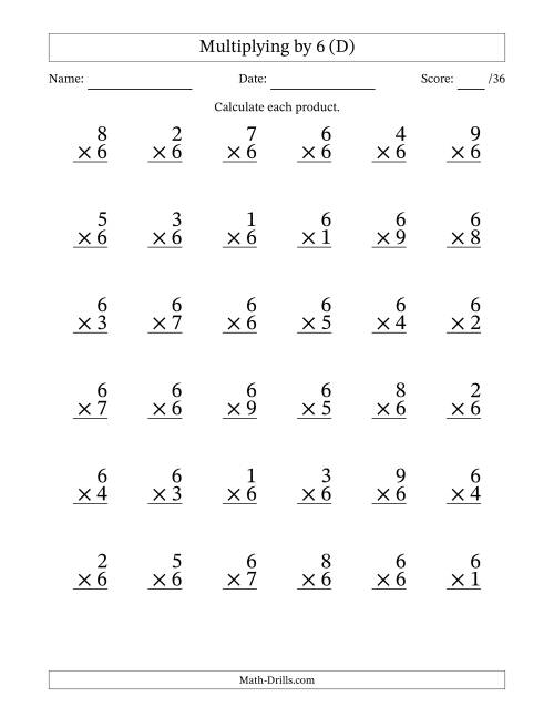 The Multiplying (1 to 9) by 6 (36 Questions) (D) Math Worksheet
