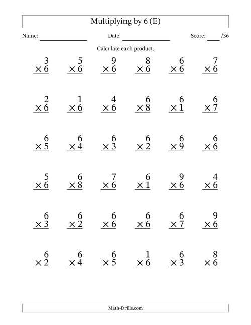 The Multiplying (1 to 9) by 6 (36 Questions) (E) Math Worksheet