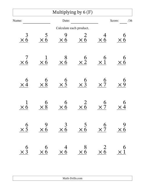 The Multiplying (1 to 9) by 6 (36 Questions) (F) Math Worksheet