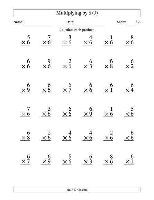 The Multiplying (1 to 9) by 6 (36 Questions) (J) Math Worksheet